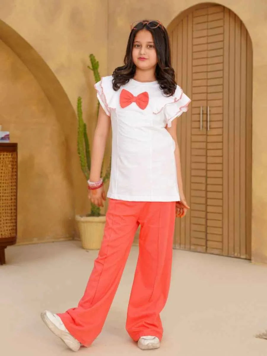 Peach Sorbet Bow Top & Flared Trouser Set
