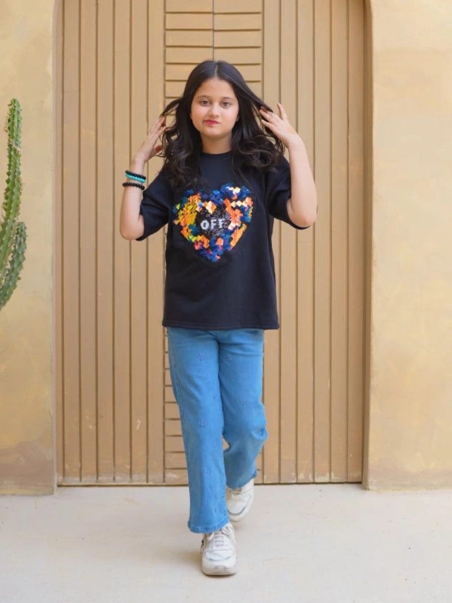 "OFF" Magic Heart Reversible Sequin T-Shirt - Midnight Navy