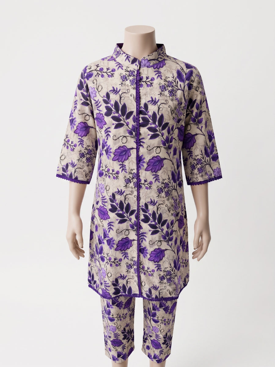 Girls 2-Piece Lavender Floral Eastern Suit - Ivory White & Purple Lace