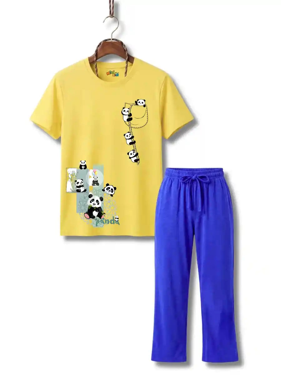 Girls Panda Print T-Shirt & Blue trouser Set