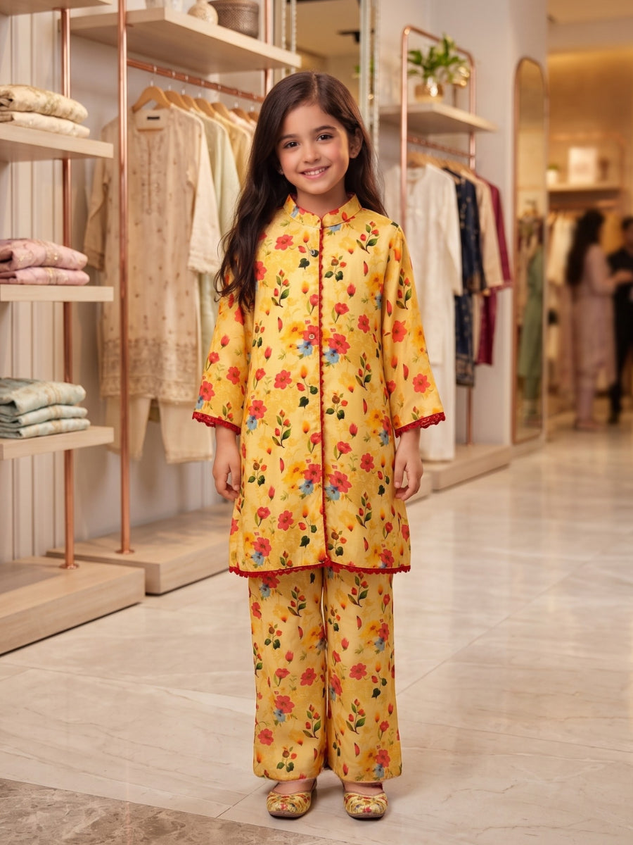 Girls 2-Piece Floral Bouquet Eastern Suit - Sunny Yellow & Maroon Lace