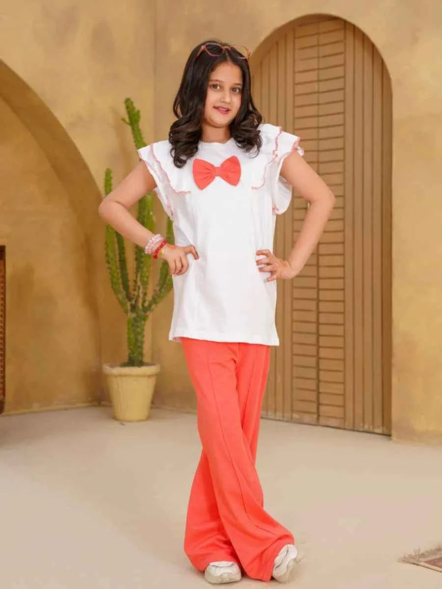 Peach Sorbet Bow Top & Flared Trouser Set
