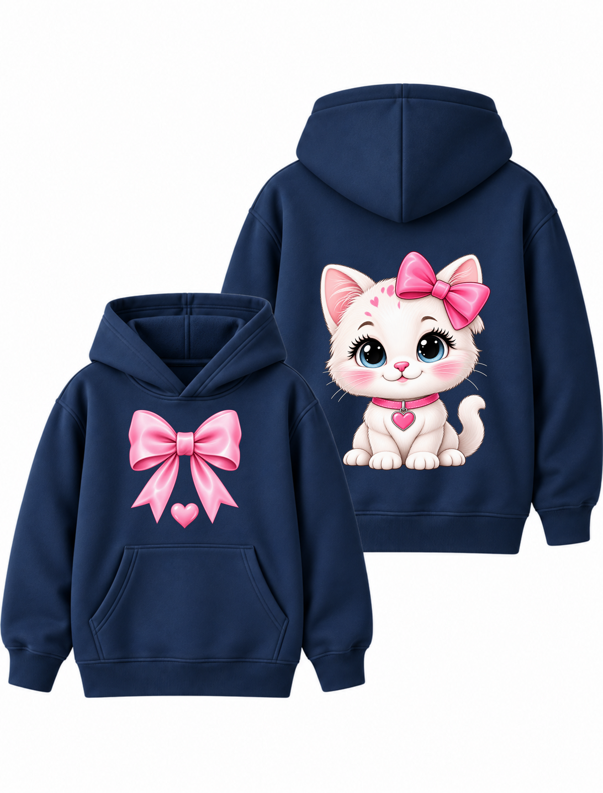 Girls Cute Cat & Pink Bow Graphic Navy Blue Hoodie – MiniKidi