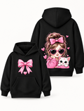 Girls Pink Bow & Cute Cat Graphic Black Hoodie – MiniKidi