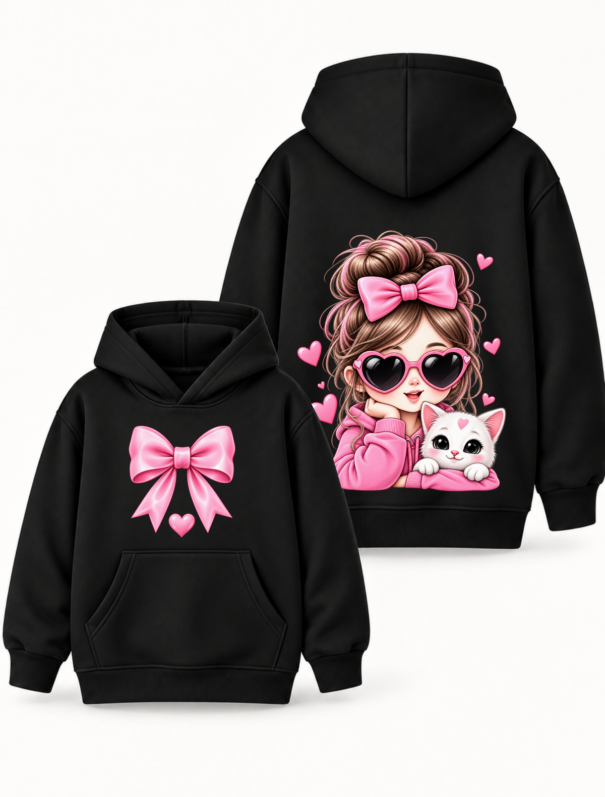 Girls Pink Bow & Cute Cat Graphic Black Hoodie – MiniKidi