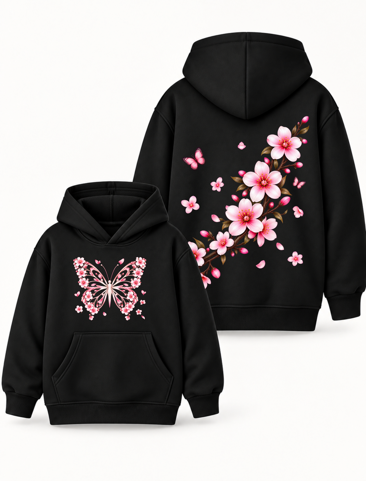 Girls Sakura Butterfly Floral Graphic Black Hoodie – MiniKidi