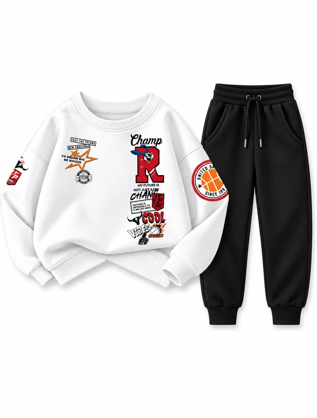 Boys white Champ Vibes graphic sweatshirt with black jogger trouser set