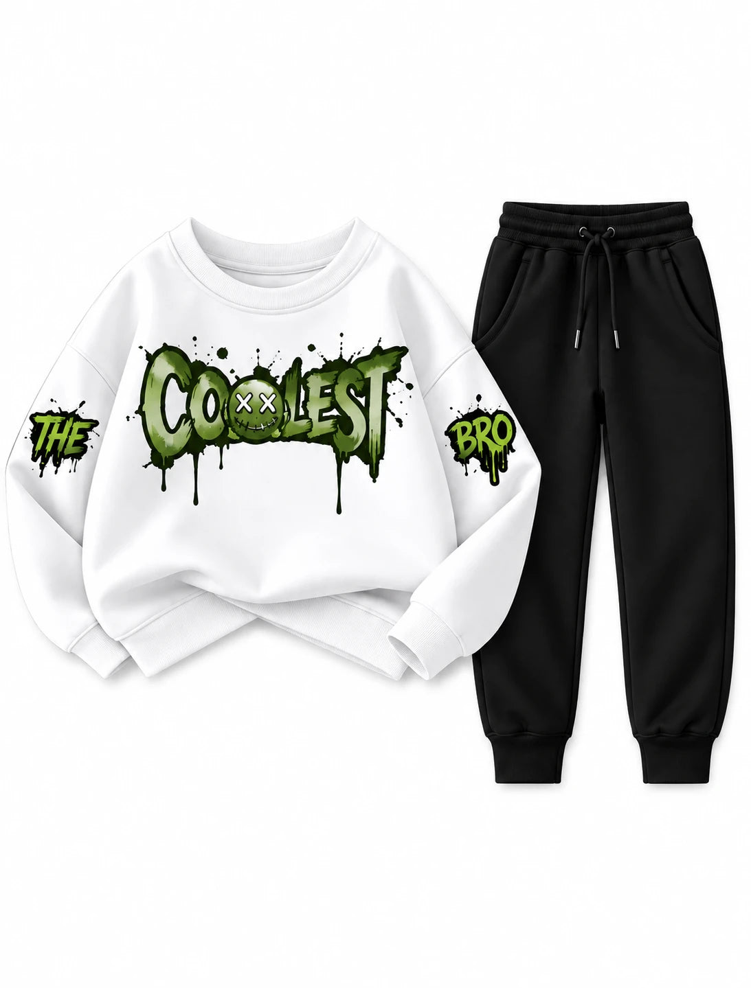 Boys white The Coolest Bro graffiti sweatshirt with black jogger trouser set
