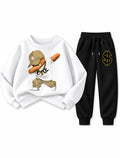 Boys white dabbing bear graphic sweatshirt with black jogger trouser set