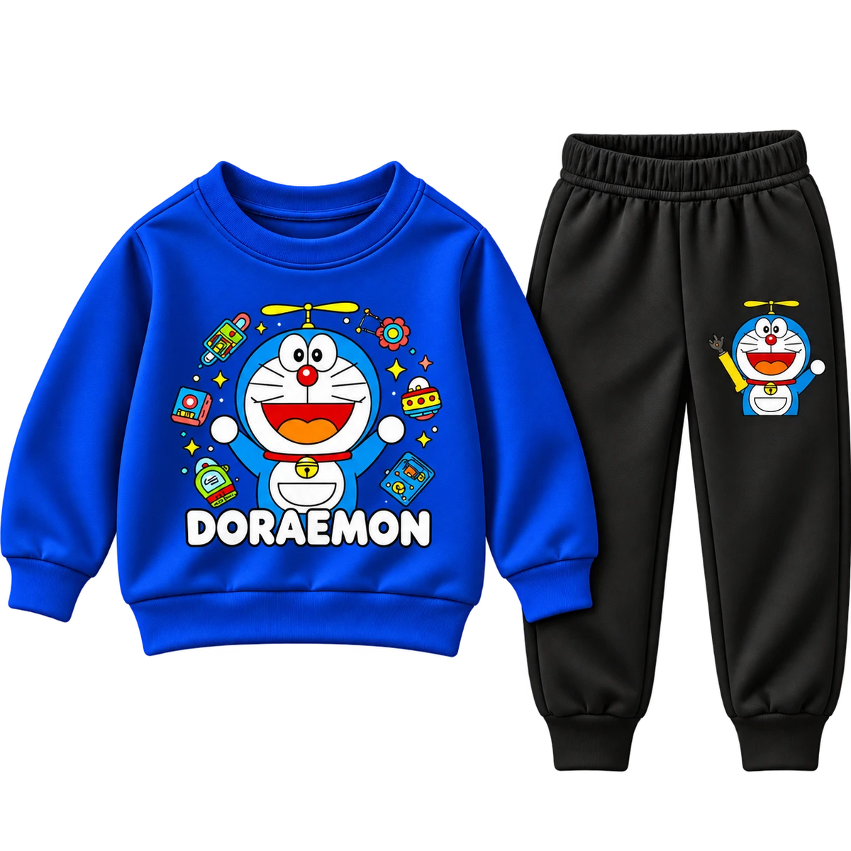 Boys royal blue Doraemon graphic sweatsuit with black joggers