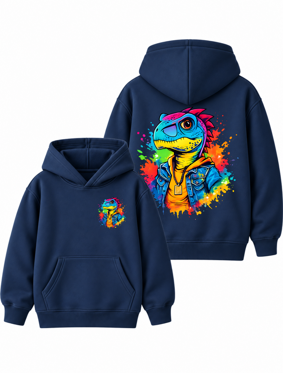 Boys Neon Dino Streetwear Hoodie – Navy Blue | MiniKidi