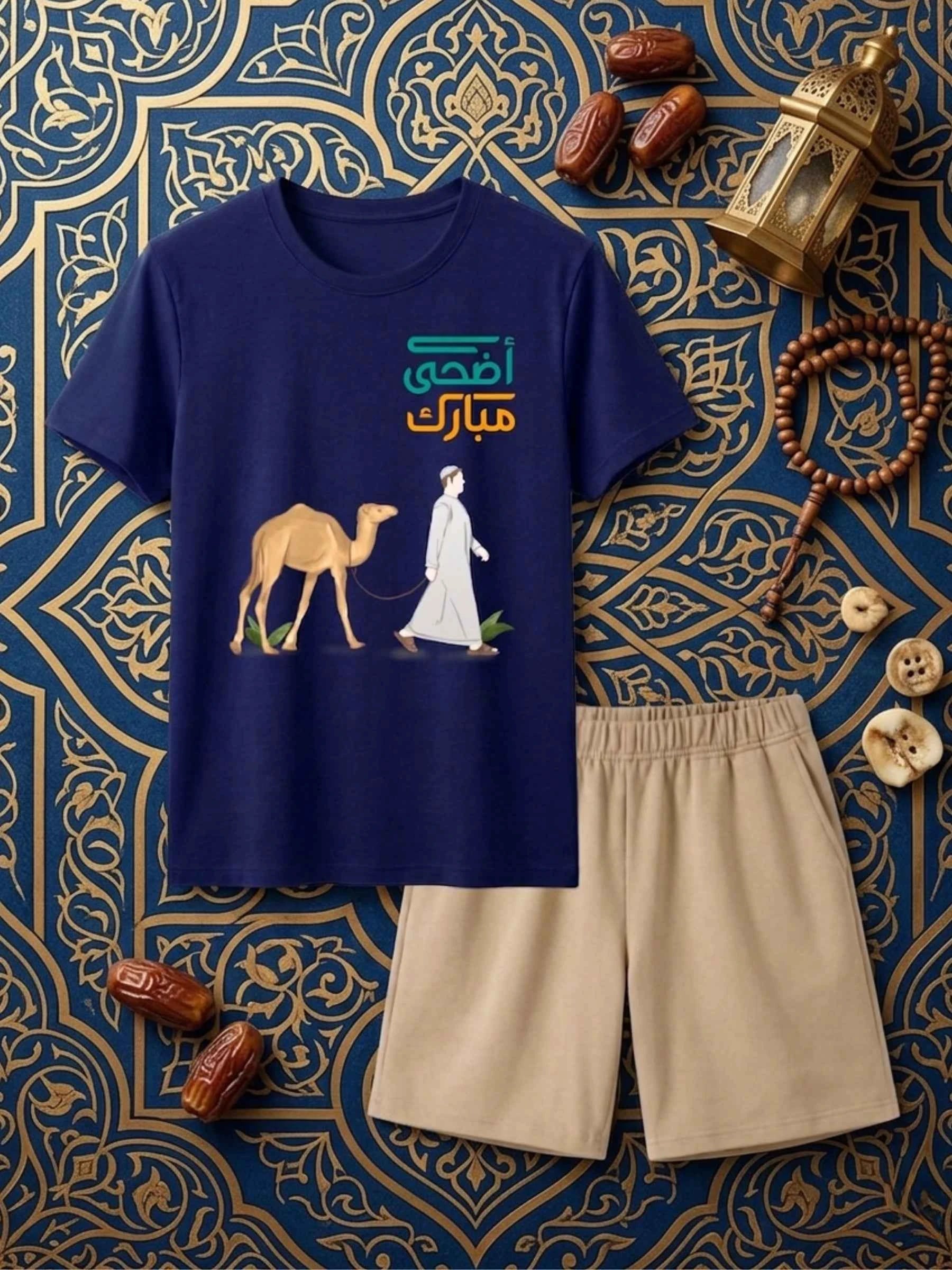 Festive Camel Cotton Short Set - Navy Blue & Skin