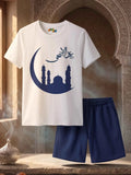 Mosque & Crescent Short Set - White & Navy Blue