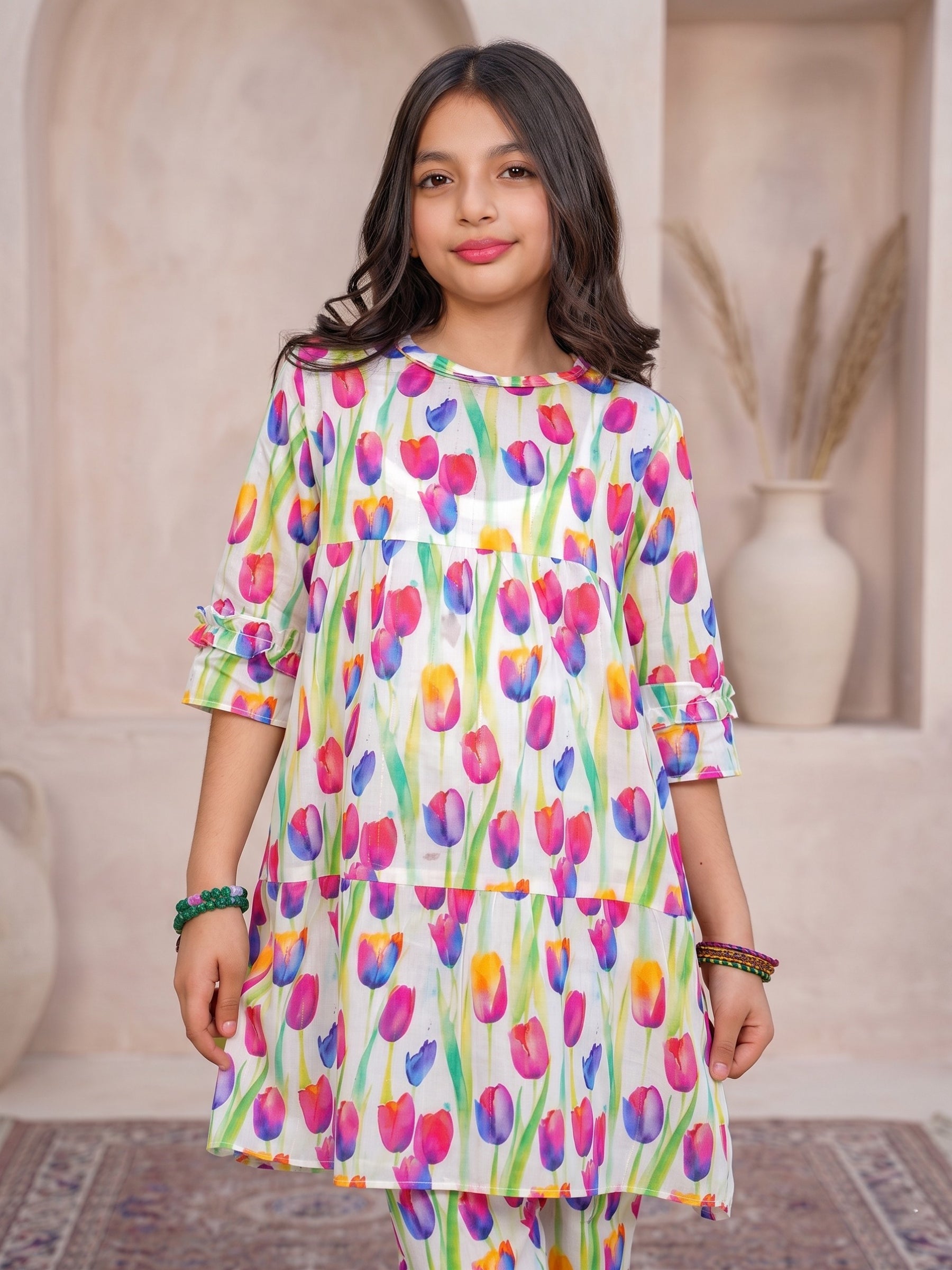 Floral Bloom Multi-Color Tulip 2-Piece Cotton Set