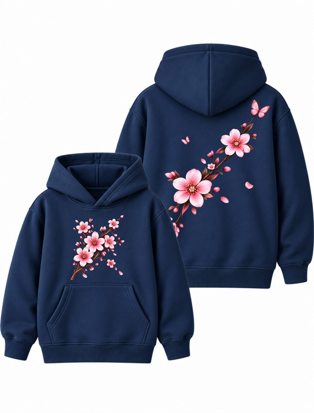 Girls Sakura Blossom Floral Graphic Navy Blue Hoodie – MiniKidi 🌸