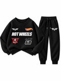 Boys black Hot Wheels racing graphic sweatsuit with matching black joggers