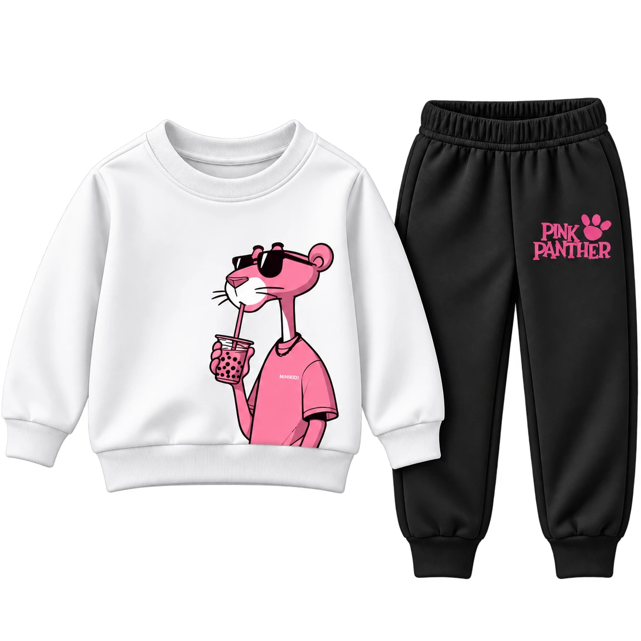 White Pink Panther graphic sweatsuit with black joggers
