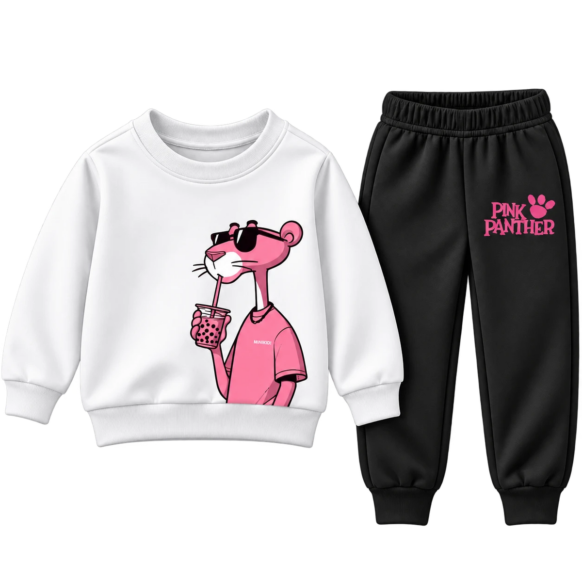 White Pink Panther graphic sweatsuit with black joggers