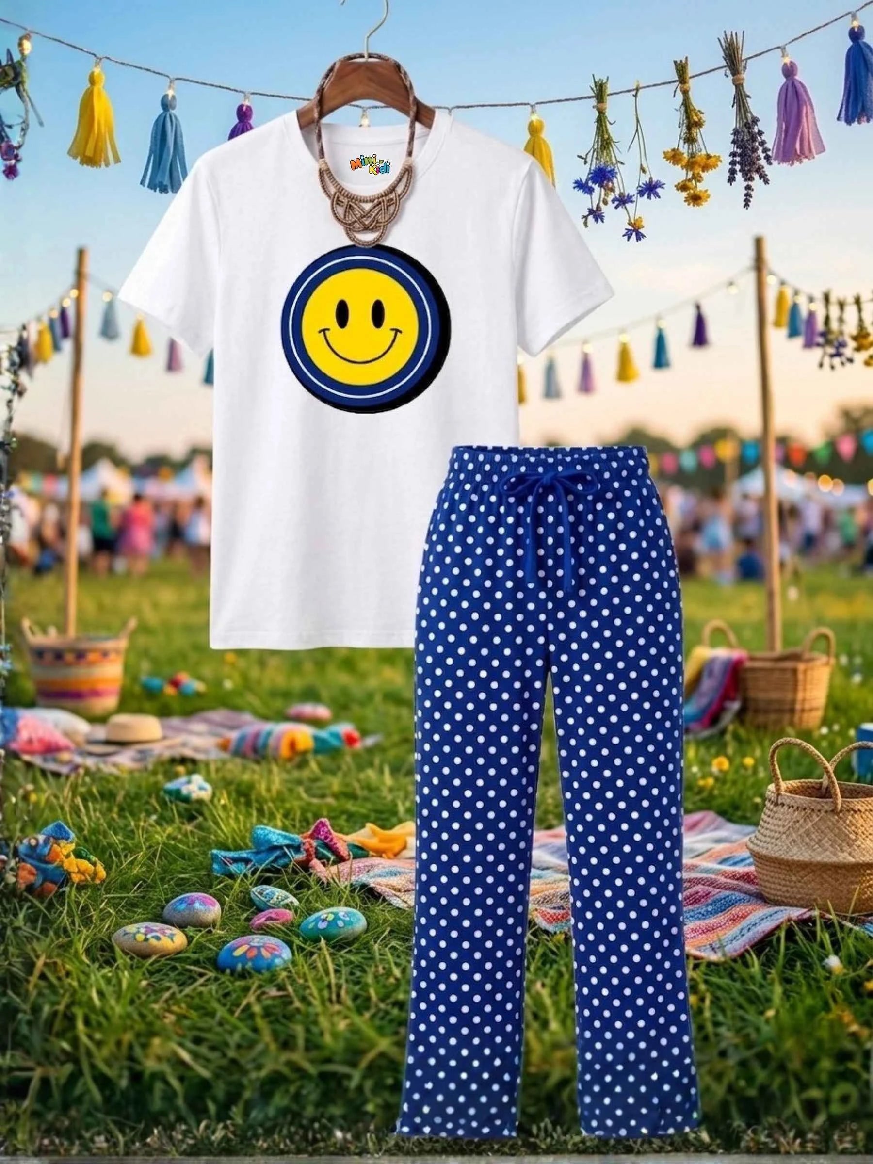 Smiley Trouser Set - White & Royal Blue