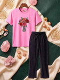 Floral Bouquet Trouser Set - Pink & Black