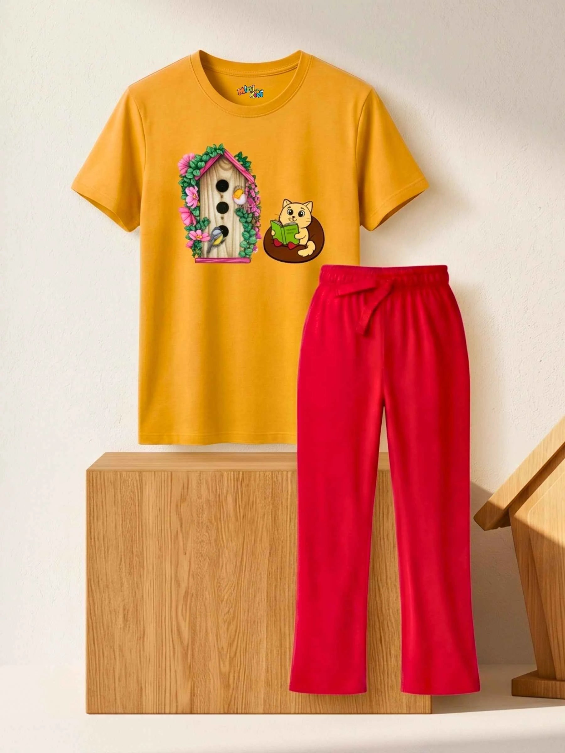 Birdhouse Kitty Trouser Set - Mustard & Red