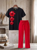Floral Red Trouser Set - Black & Red