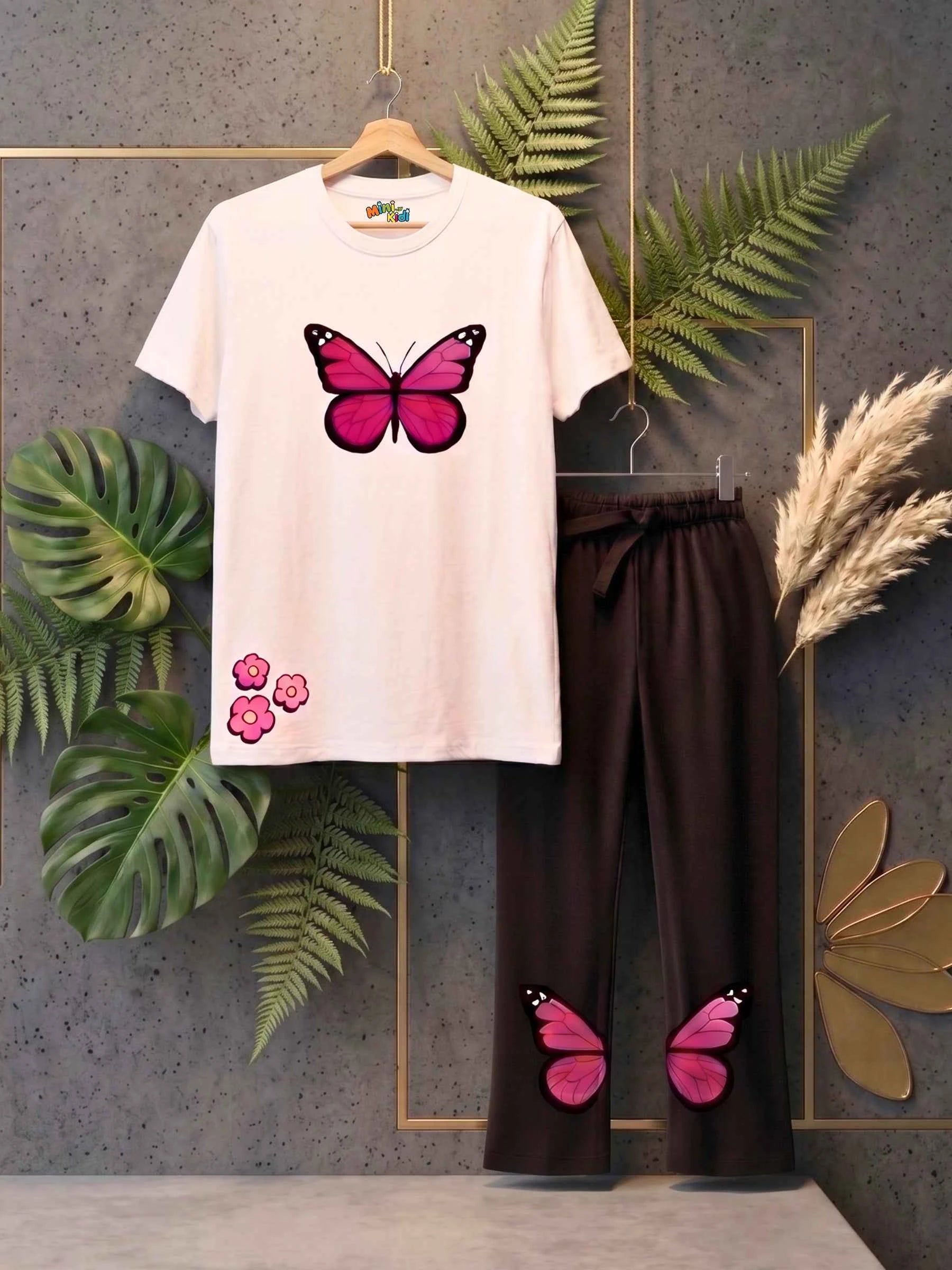 Pink Butterfly Trouser Set - White & Black