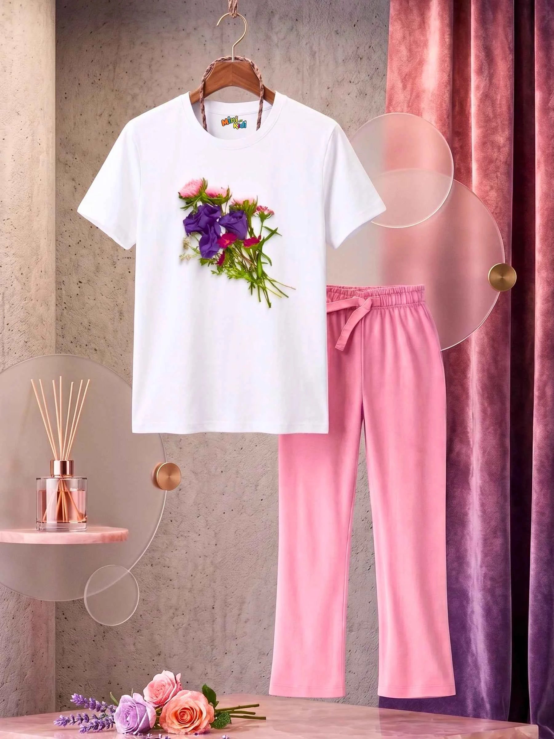 Bouquet Trouser Set - White & Pink