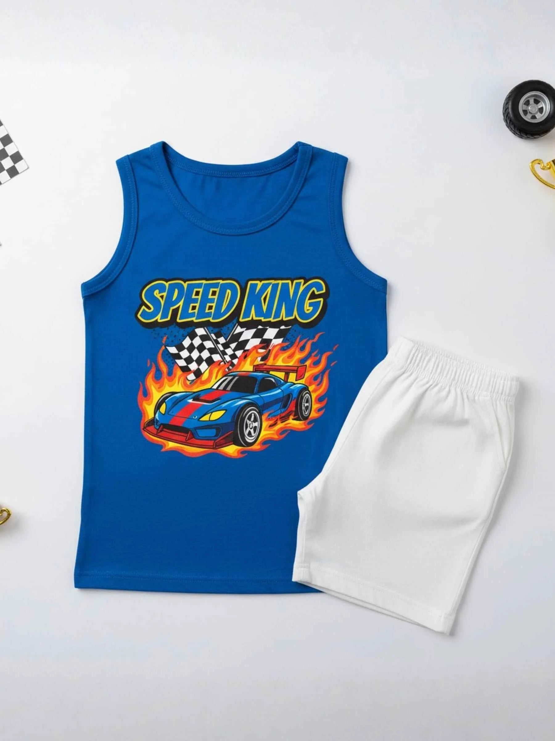 Blue Supercar Sando & Shorts Set