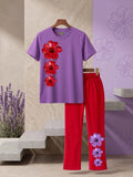 Triple Flower Trouser Set - Purple & Red