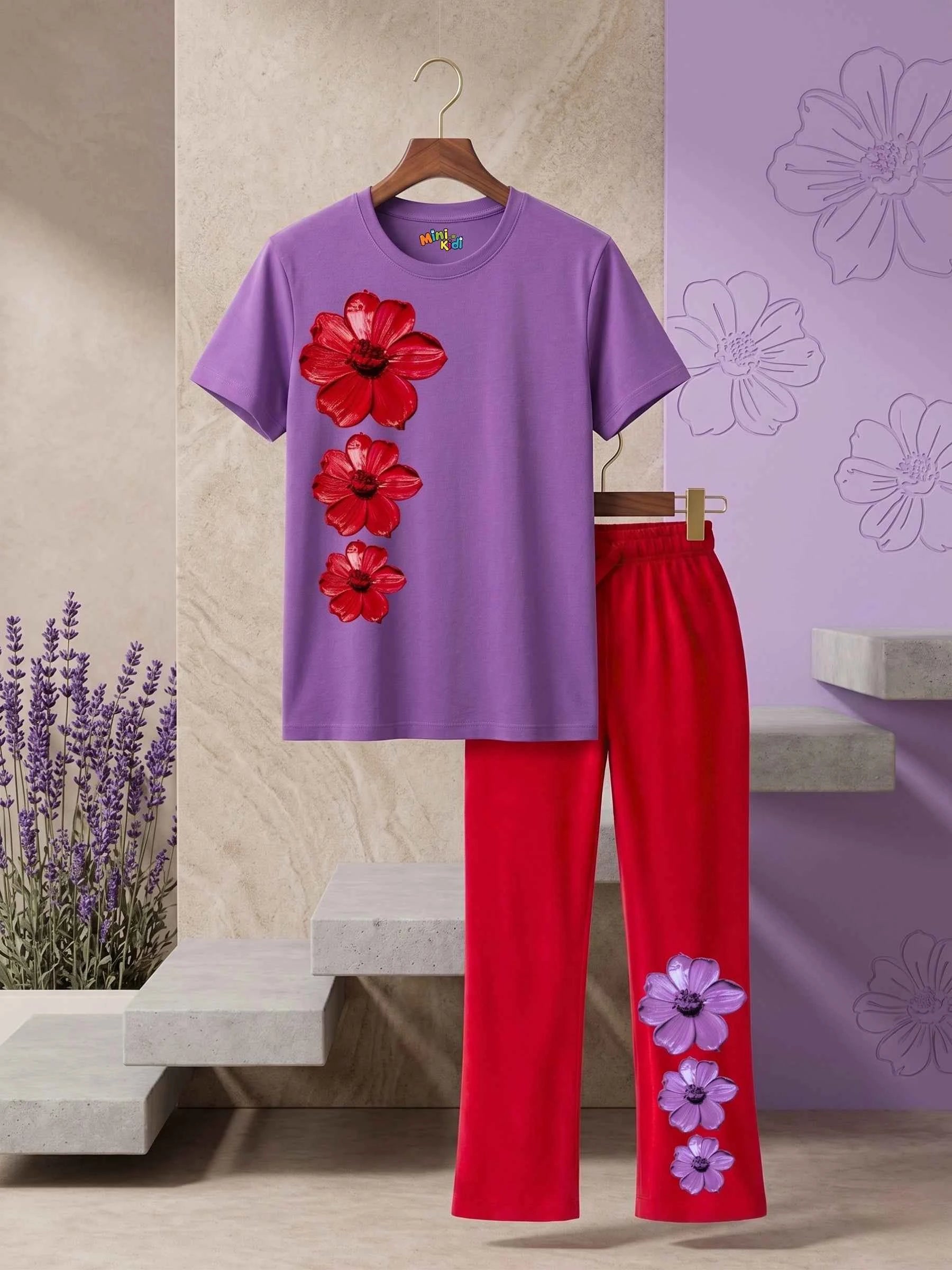 Triple Flower Trouser Set - Purple & Red