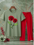 Twin Carnation Trouser Set - Green & Red