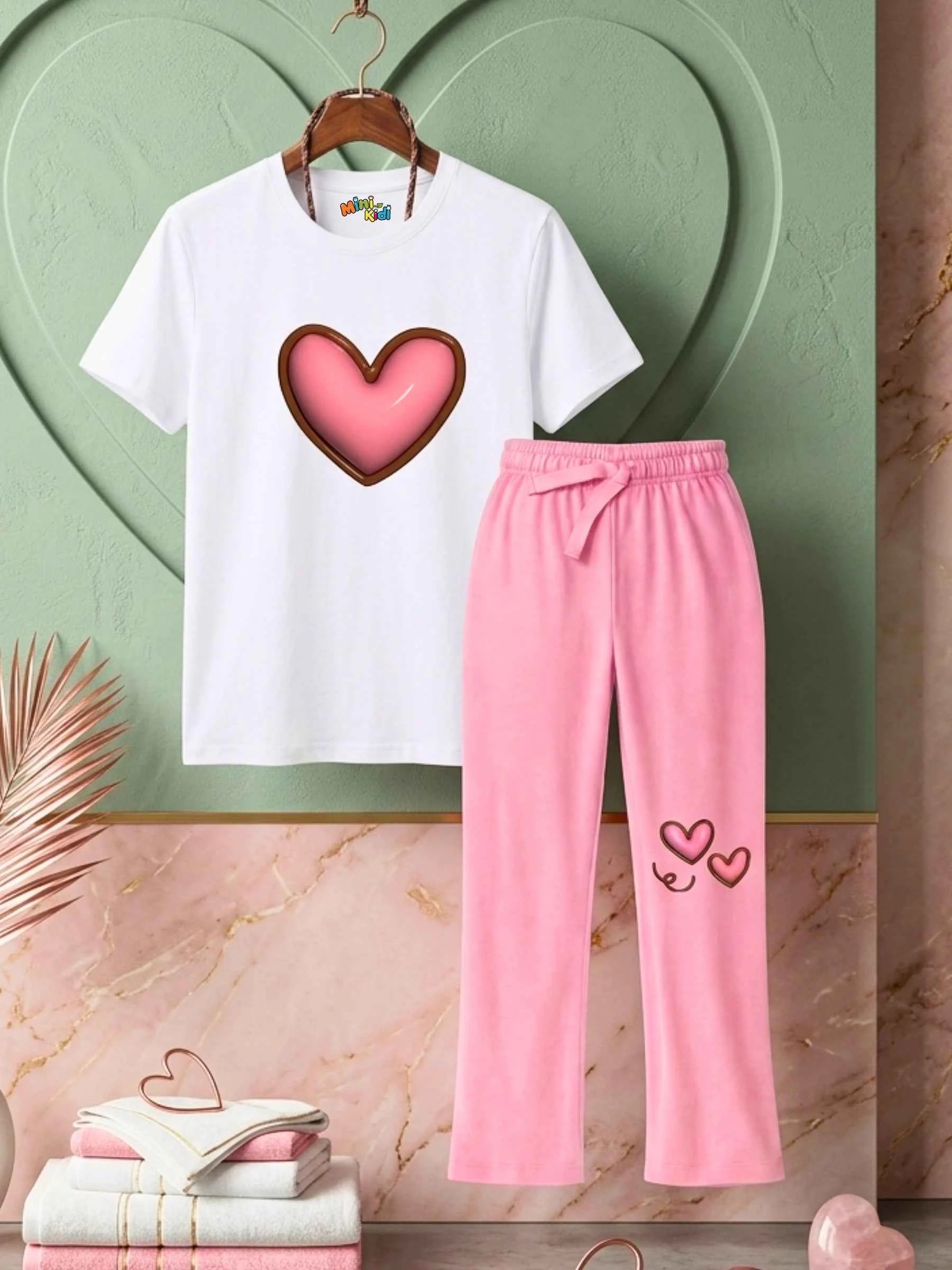 Heart Trouser Set - White & Pink