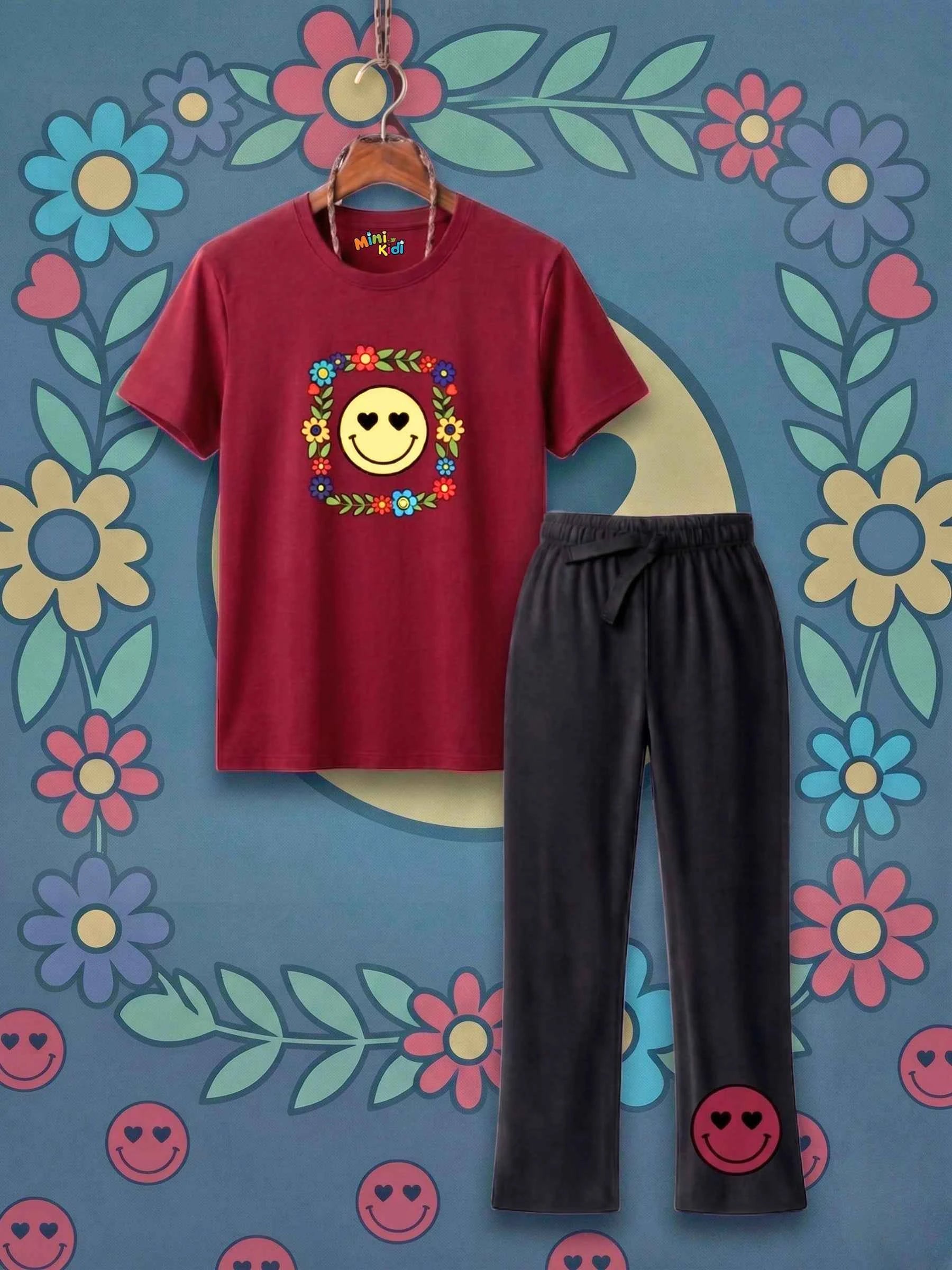 Floral Smiley Trouser Set - Maroon & Black