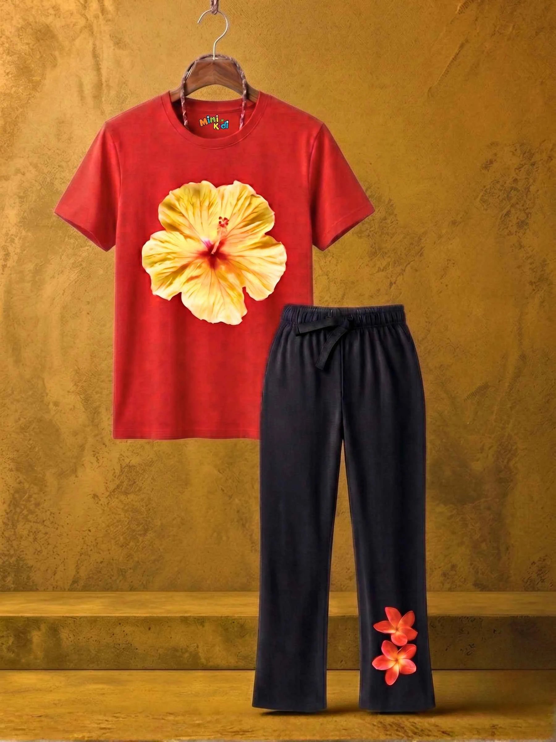 Yellow Hibiscus Trouser Set - Red & Black