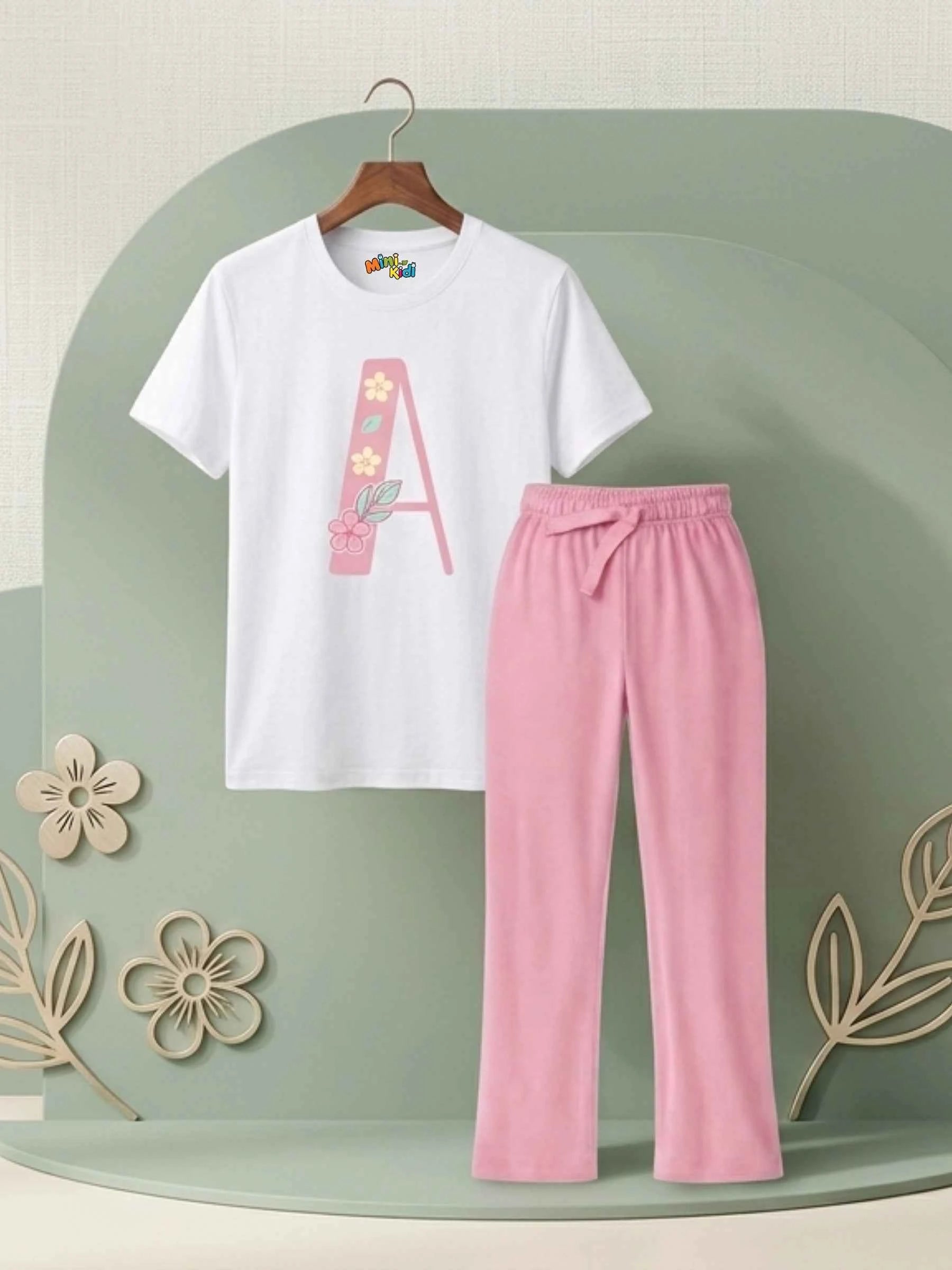 Floral Alphabet Trouser Set - White & Pink