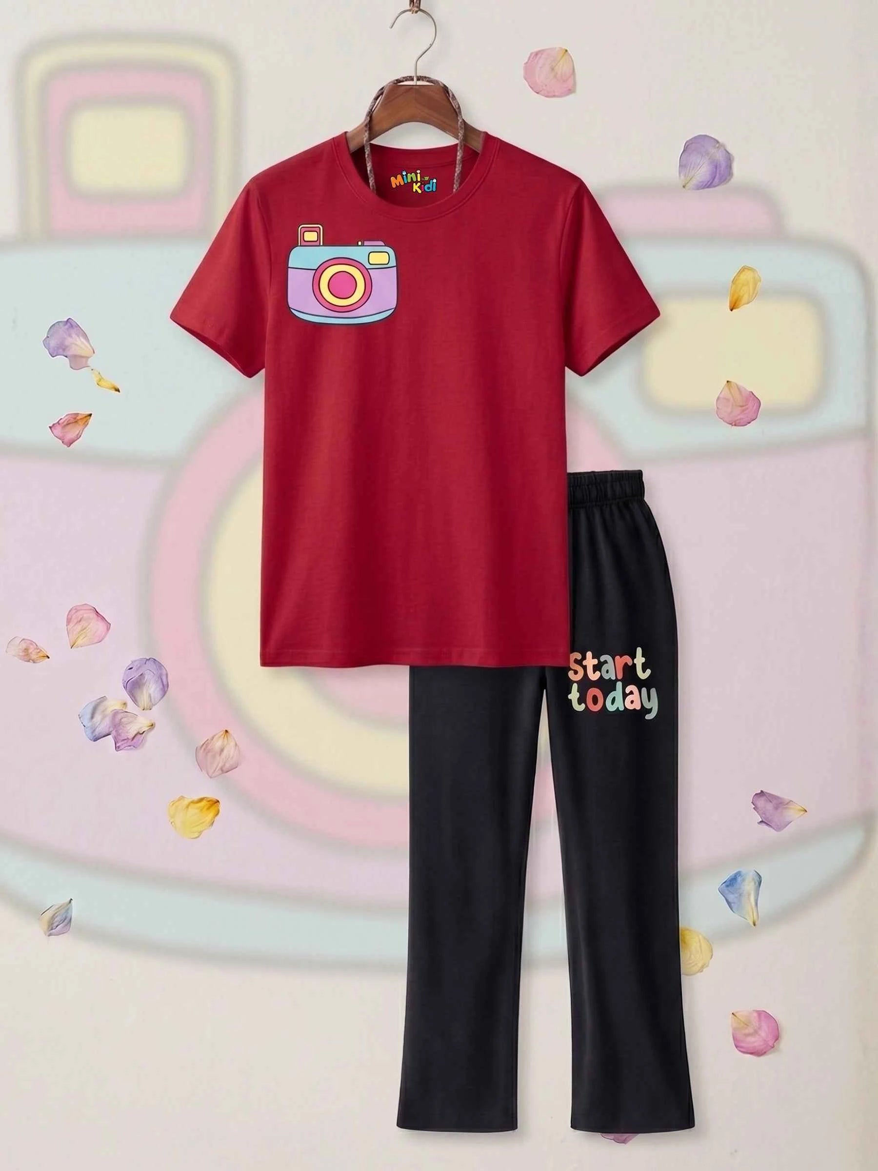Camera Motif Trouser Set - Maroon & Black