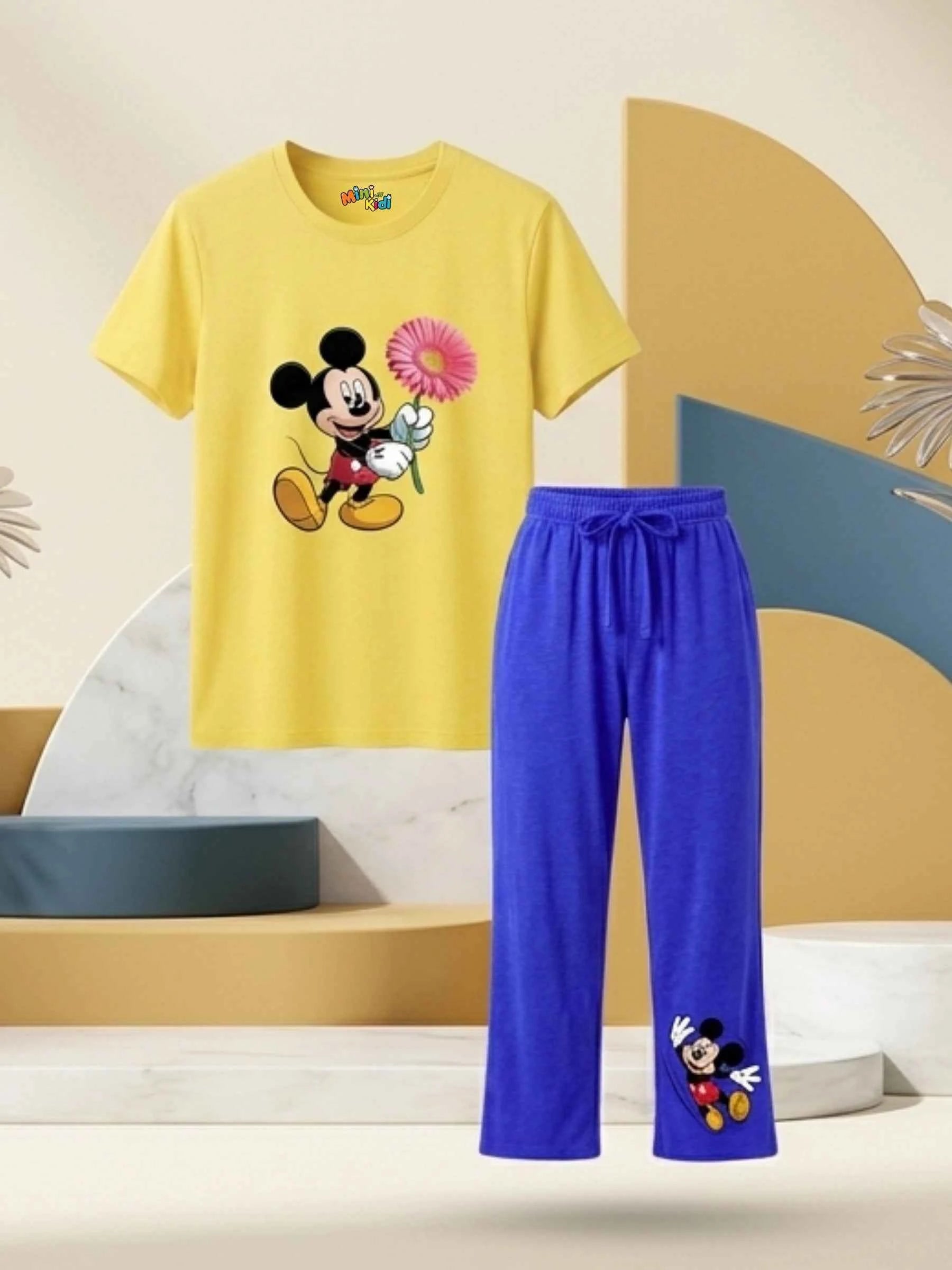 Mickey & Flower Trouser Set - Yellow & Blue