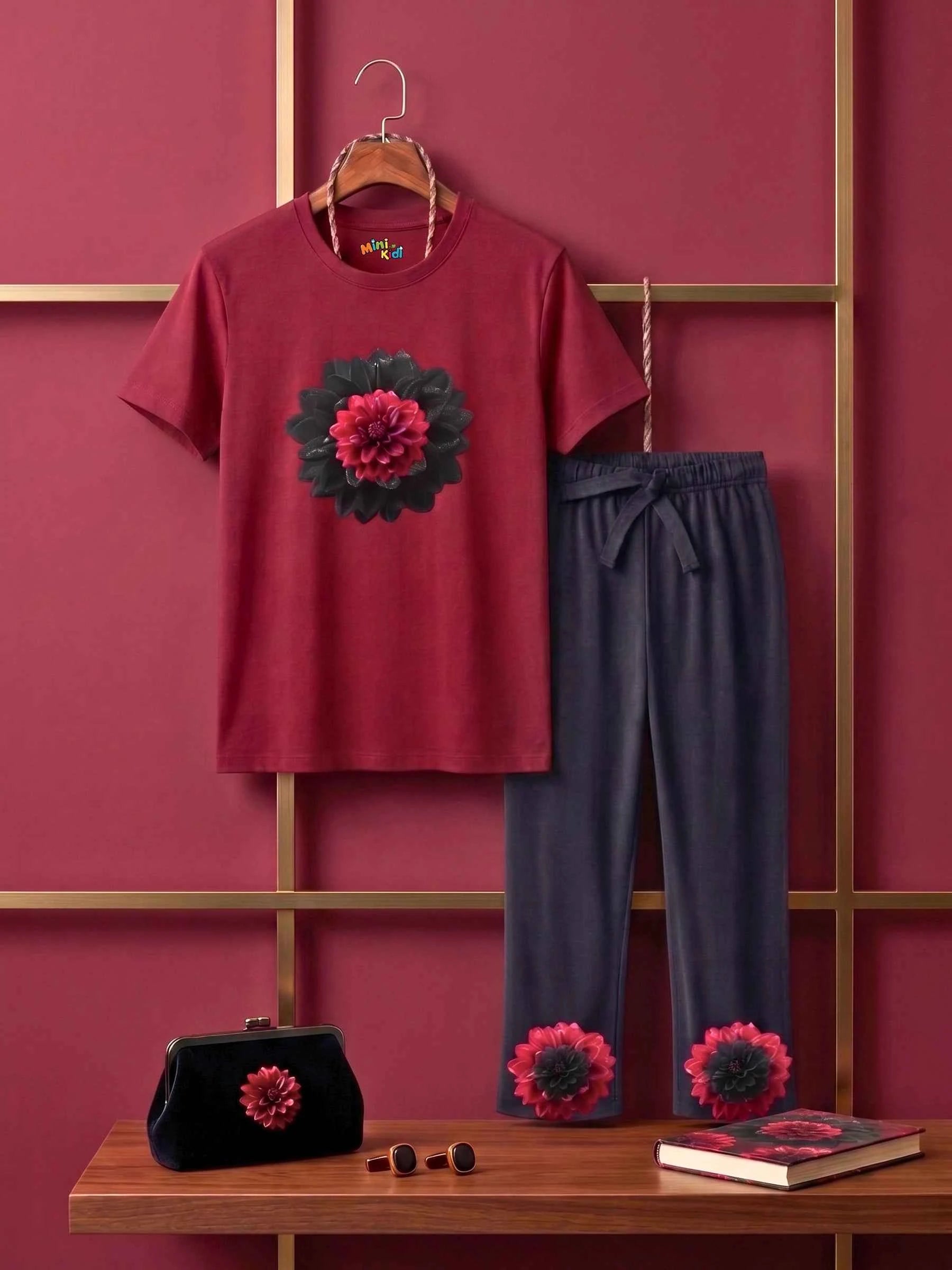 Floral Trouser Set - Maroon & Grey