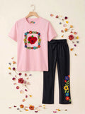 Rose & Floral Wreath Trouser Set - Pink & Black