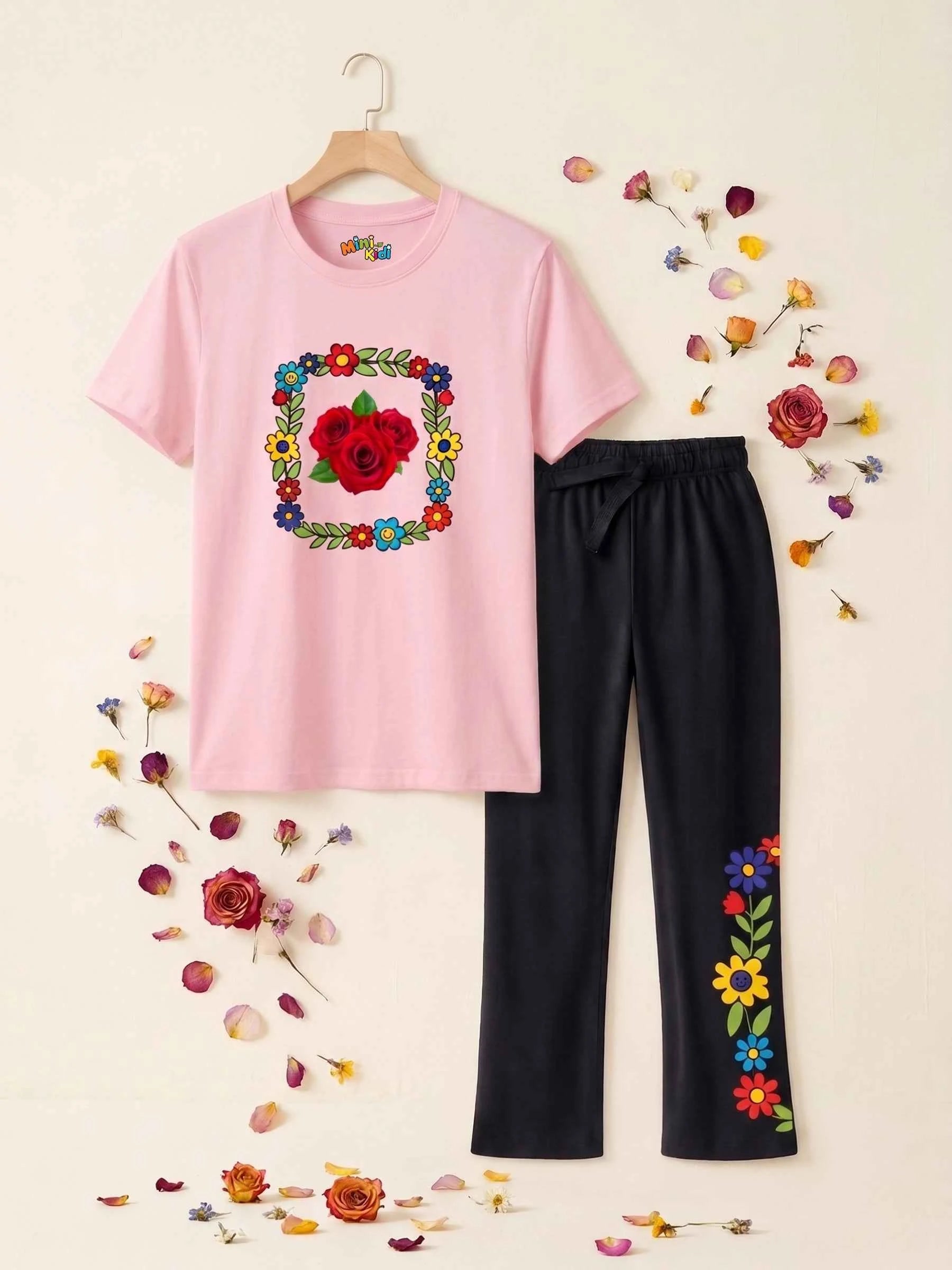 Rose & Floral Wreath Trouser Set - Pink & Black