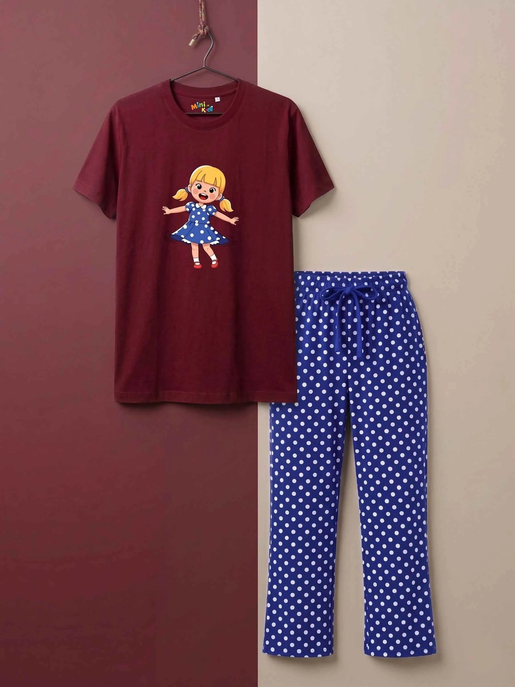 Polka Dot Character Trouser Set - Maroon & Navy