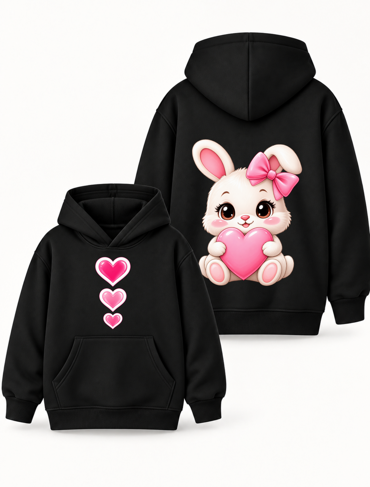 Girls Cute Bunny & Pink Heart Graphic Black Hoodie – MiniKidi