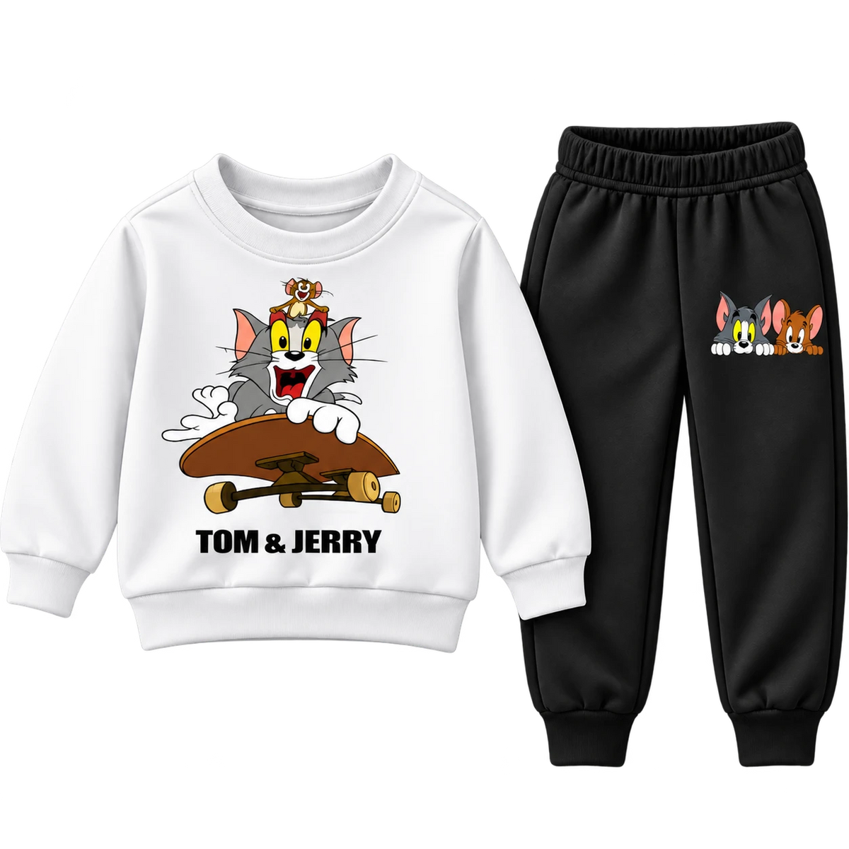 Boys white Tom and Jerry skateboard graphic sweatsuit with black joggers