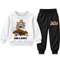 Boys white Tom and Jerry skateboard graphic sweatsuit with black joggers